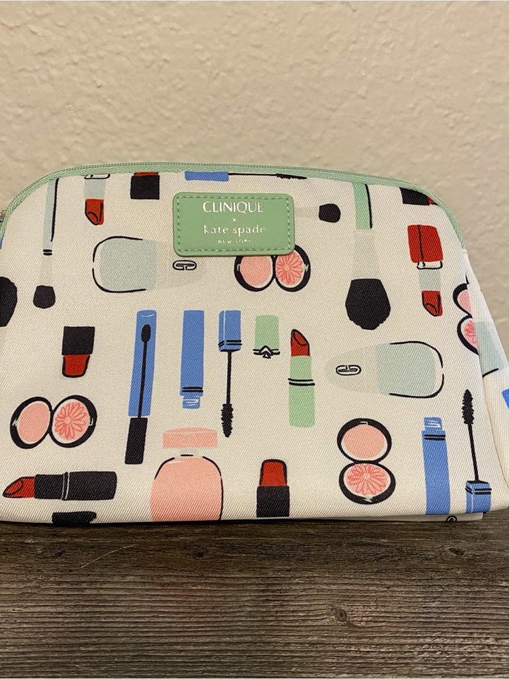 Clinique x Kate Spade Cosmetic Pouch Small White Green Makeup Travel Weekend